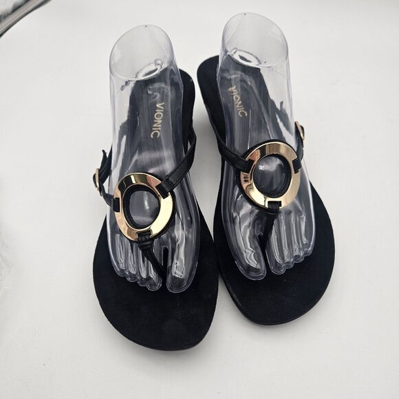 Vionic Orchid Black Leather Thong Sandal Gold Tone Hardware Womens Sz 10 NEW - Picture 4 of 8